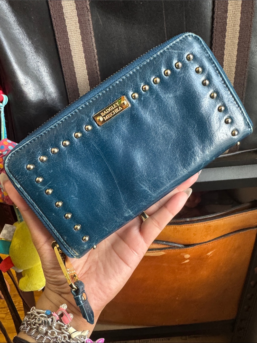 Badgley Mischka Blue Teal Leather Zip Wallet with Gold Studs